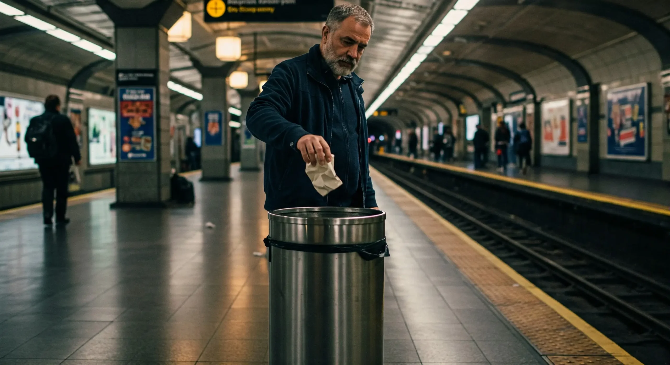 jogando lixo fora no metrô