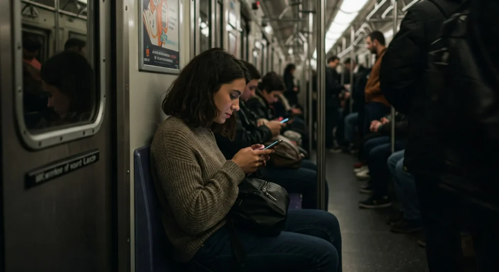 usando o celular no transporte público