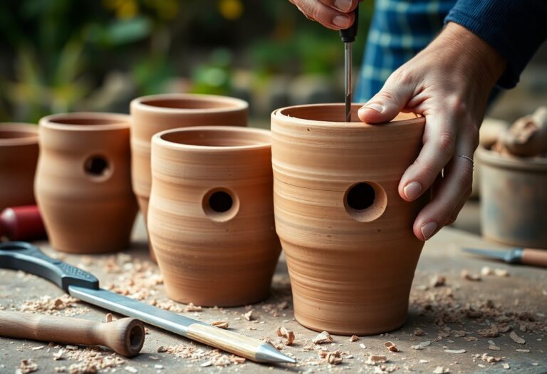 Preparação de furos para drenagem em vasos de plantas modelados à mão com argila grossa