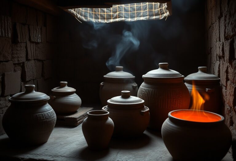 Técnicas de queima Tradicional em forno a lenha para potes rústicos de armazenamento
